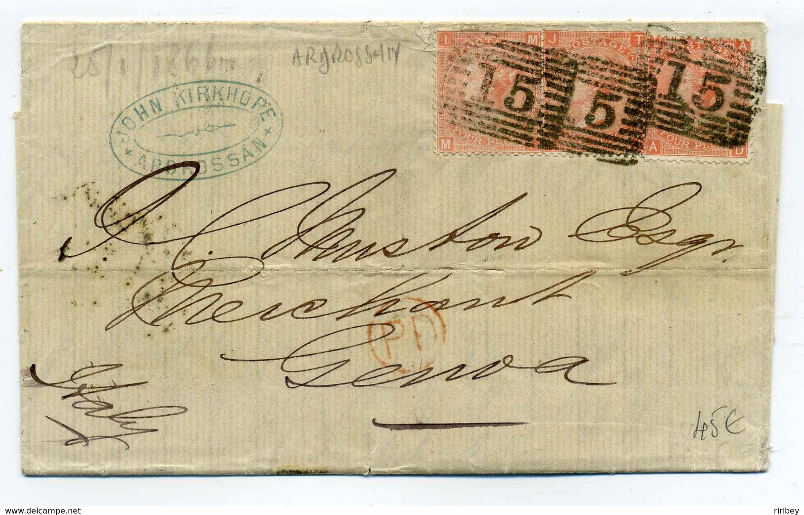 YT N°32 X3 Sur Lettre De ARDROSSAN ( Grande Bretagne )  Pour GENOVA ( Italie ) / 1866 / Côte 250€ - Lettres & Documents