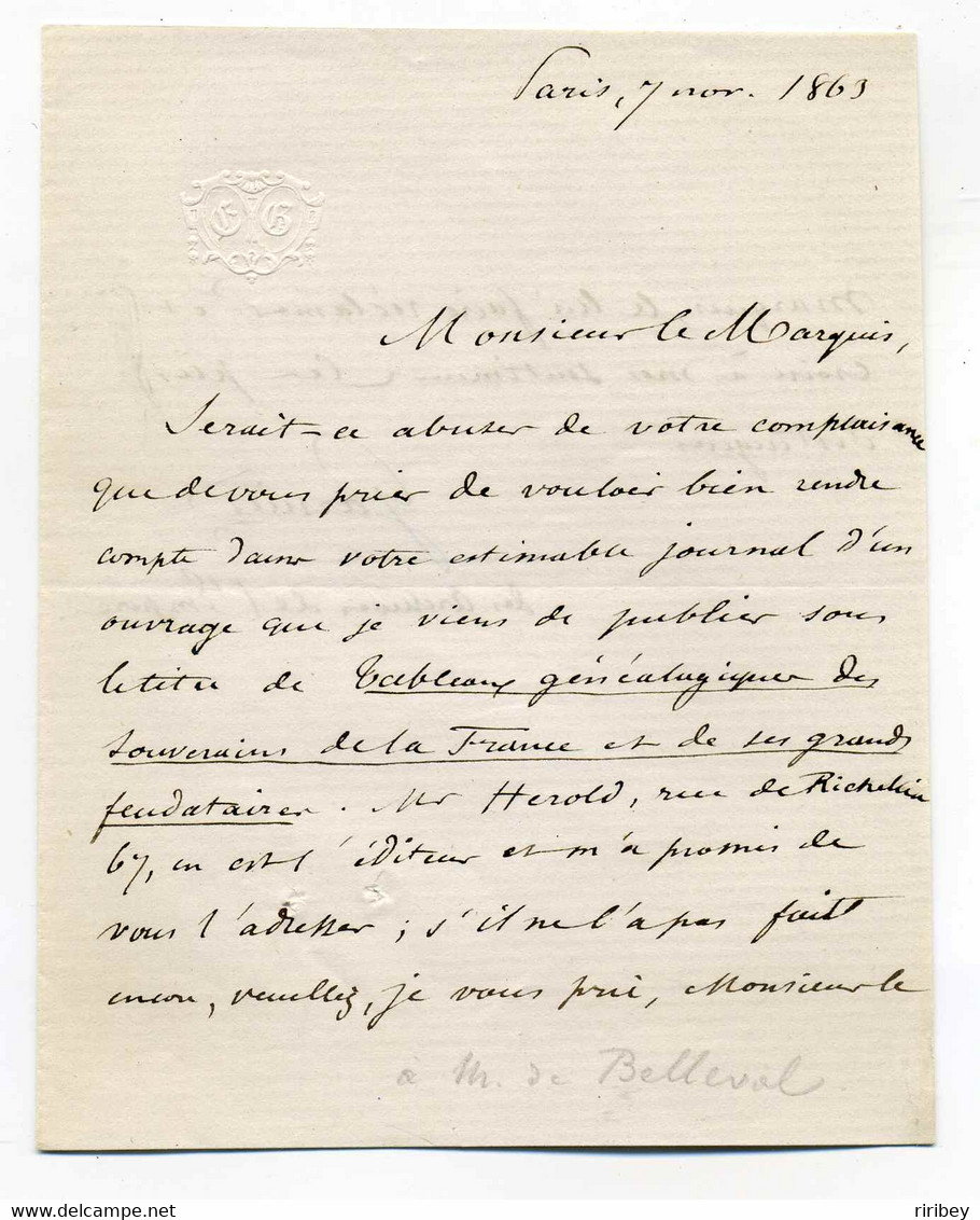 Lettre Signée De Edouard GARNIER / Ecrivain Et Archiviste Aux Archives De L'Empire / 1863 - Sonstige & Ohne Zuordnung