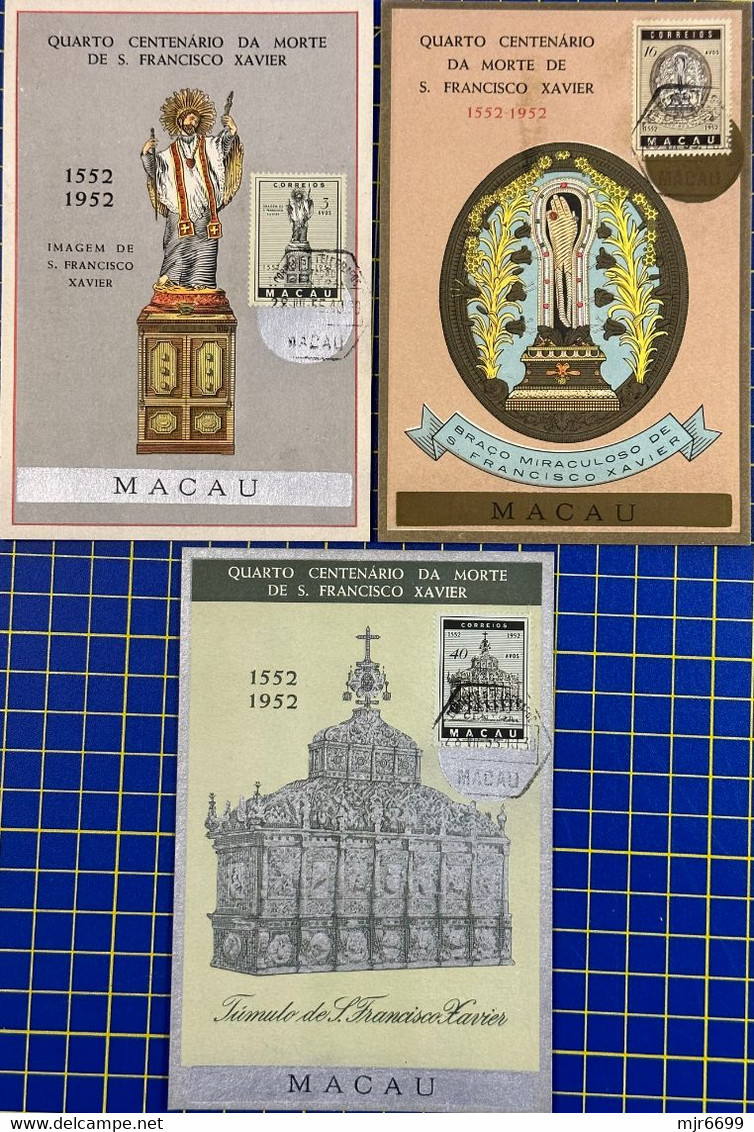 MACAU - 1952 DEATH OF S. FRANCISCO XAVIER ISSUE W\SET OF 3  MAX CARD, VERY RARE (CANCEL DATE: 28.VII.55) - Maximumkarten