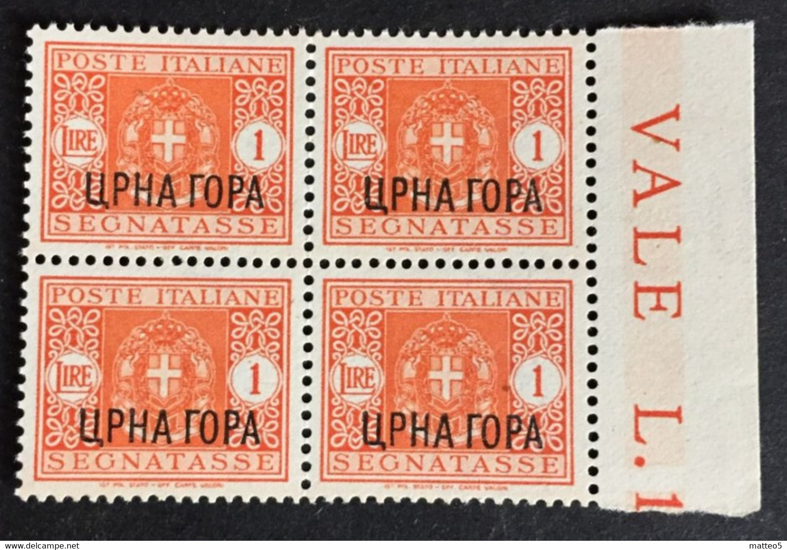 1941 - Italia - Occupazione Montenegro - Segnatasse - Lire 1  - Soprastampa UPHA TOPA - Nuovo - Quartina - Montenegro