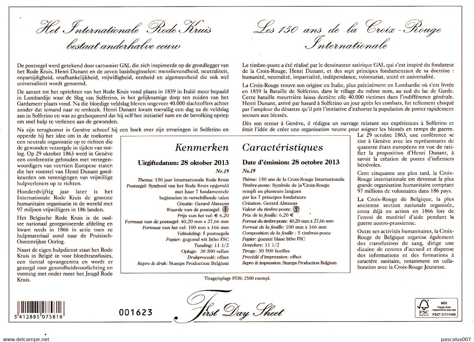 13 4380  F   2013-19 Belgique  FDS First Day Sheet FR NL Croix Rouge 150 Ans Henri Dunant  28-10-2013 075816 - 2011-2014