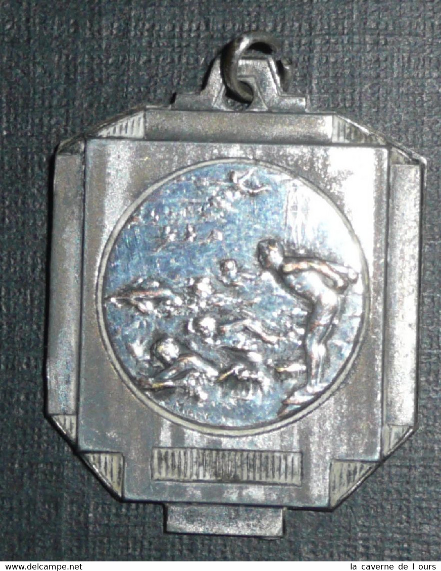 Rare Ancienne Médaille En Métal Argenté Art Déco Natation Piscine Plongeon - Natation