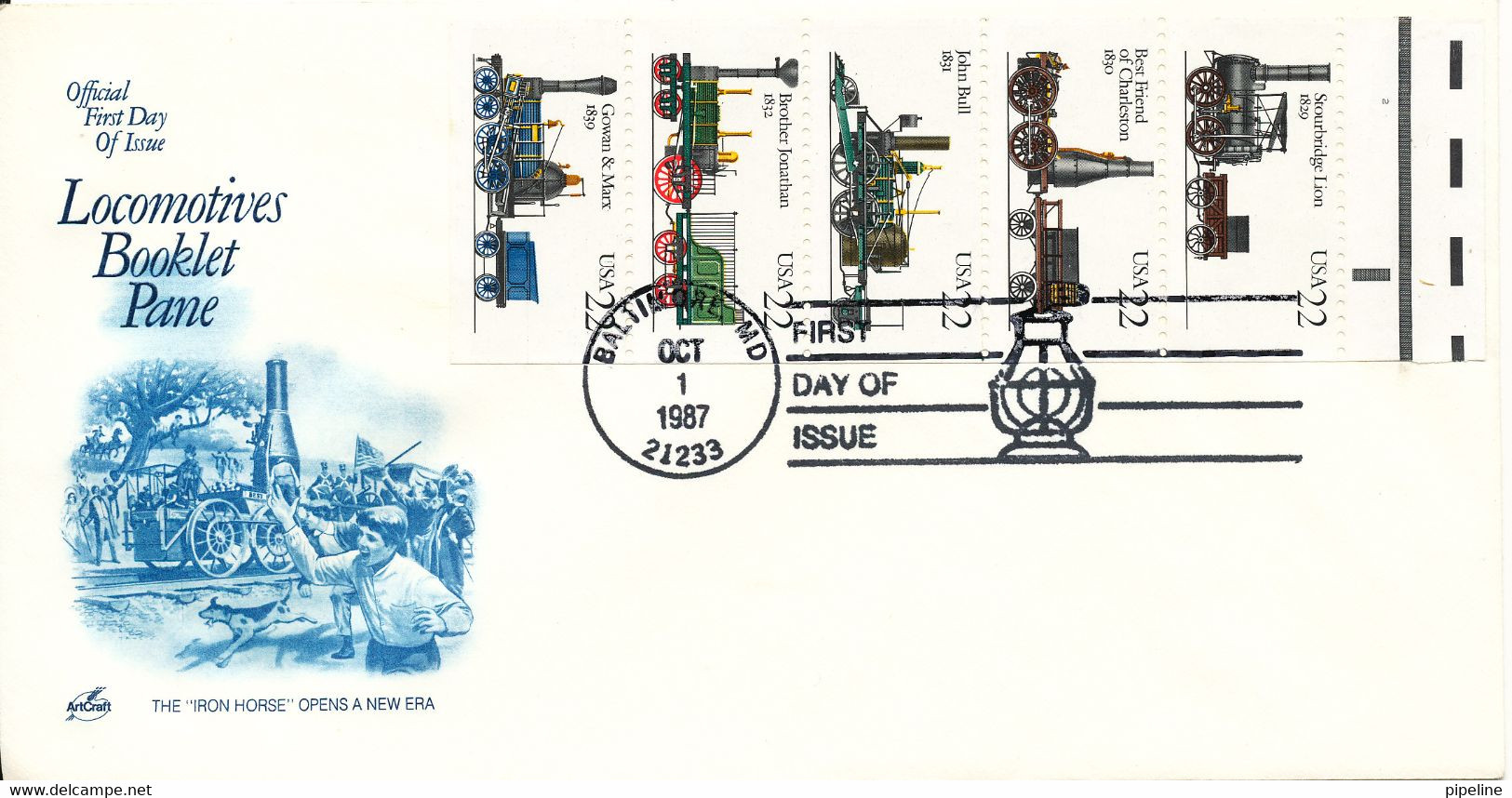 USA FDC Baltimore 1-10-1987 Locomotives Booklet Pane With ArtCraft Cachet - 1981-1990