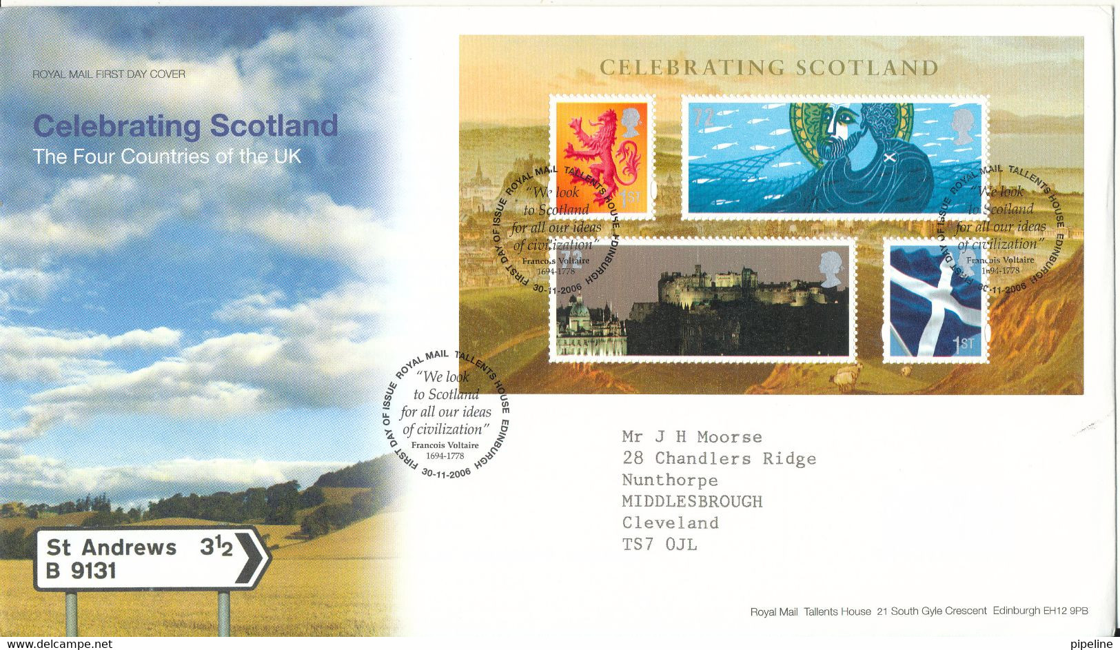 Great Britain FDC 30-11-2006 Souvenir Sheet Celebrating Scotland The Four Countries Of The UK With Cachet - 2001-2010. Decimale Uitgaven