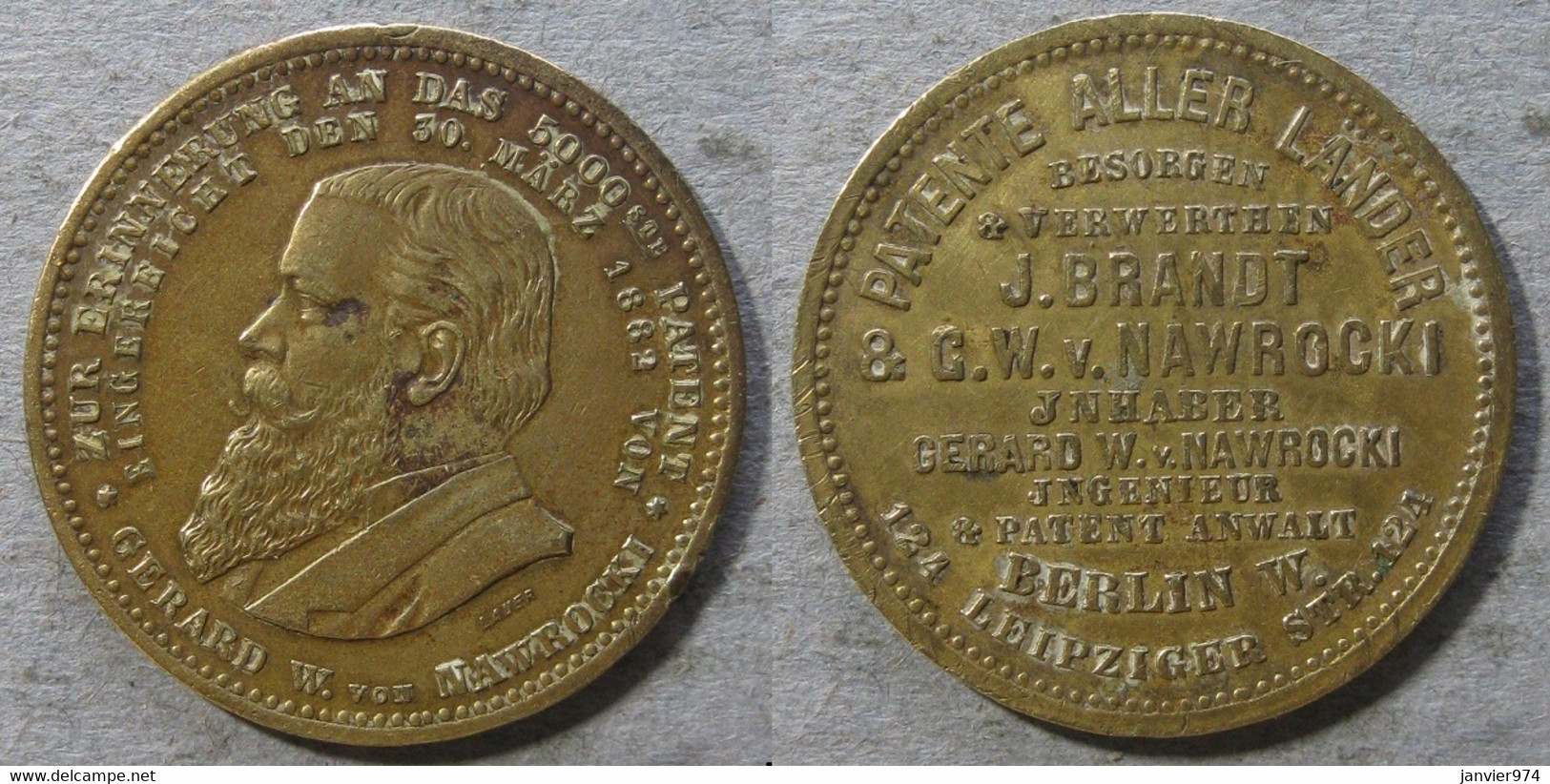 Medaille Commémorant Le Dépôt Du 5000e Brevet, G. W. Nawrocki 1882 Berlin, Par Lauer - Professionnels/De Société