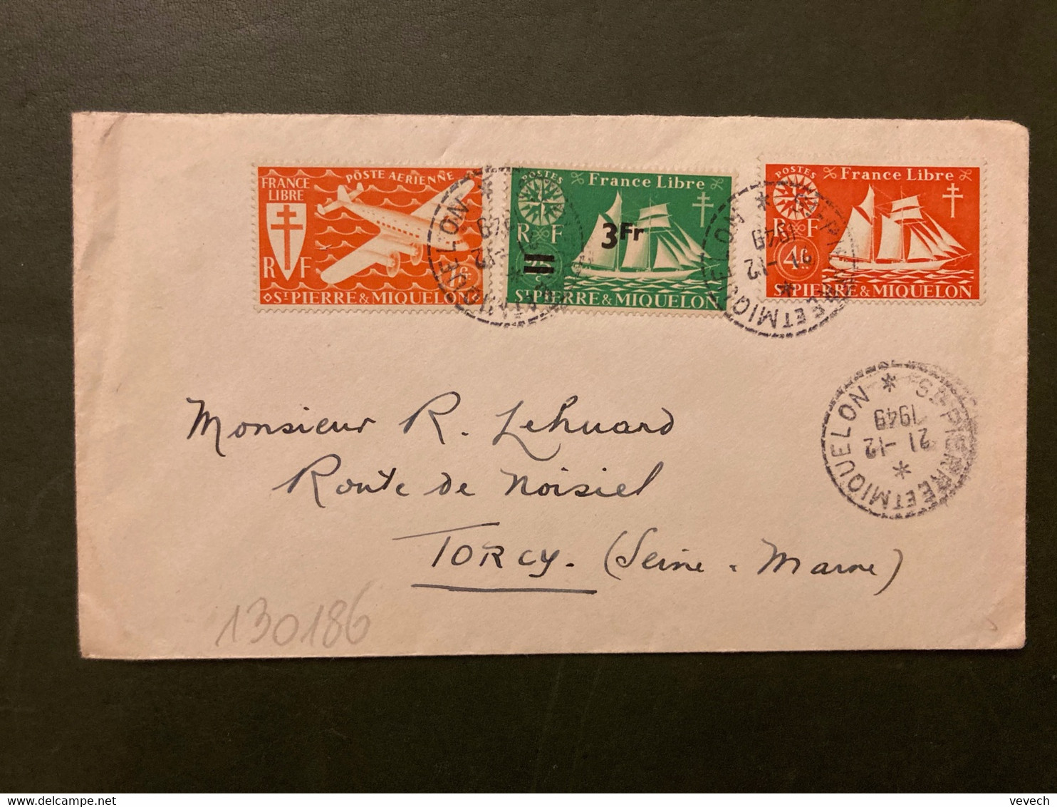 LETTRE Pour La FRANCE TP BATEAU 4F + 25c Surch. 3F + AVION FRANCE LIBRE 1F OBL. Tiretée 21-12 1949 ST PIERRE ET MIQUELON - Storia Postale