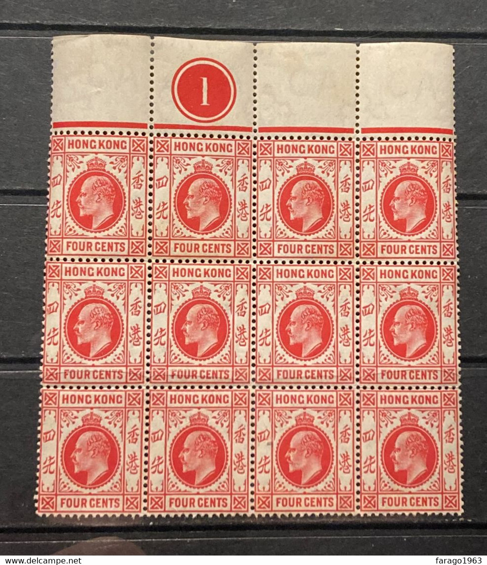 1907 Hong Kong KEVII 4c Red NEW COLOUR Definitive In Number Block Of 12 MNH Some Gum Toning Cat £240+ - Ongebruikt