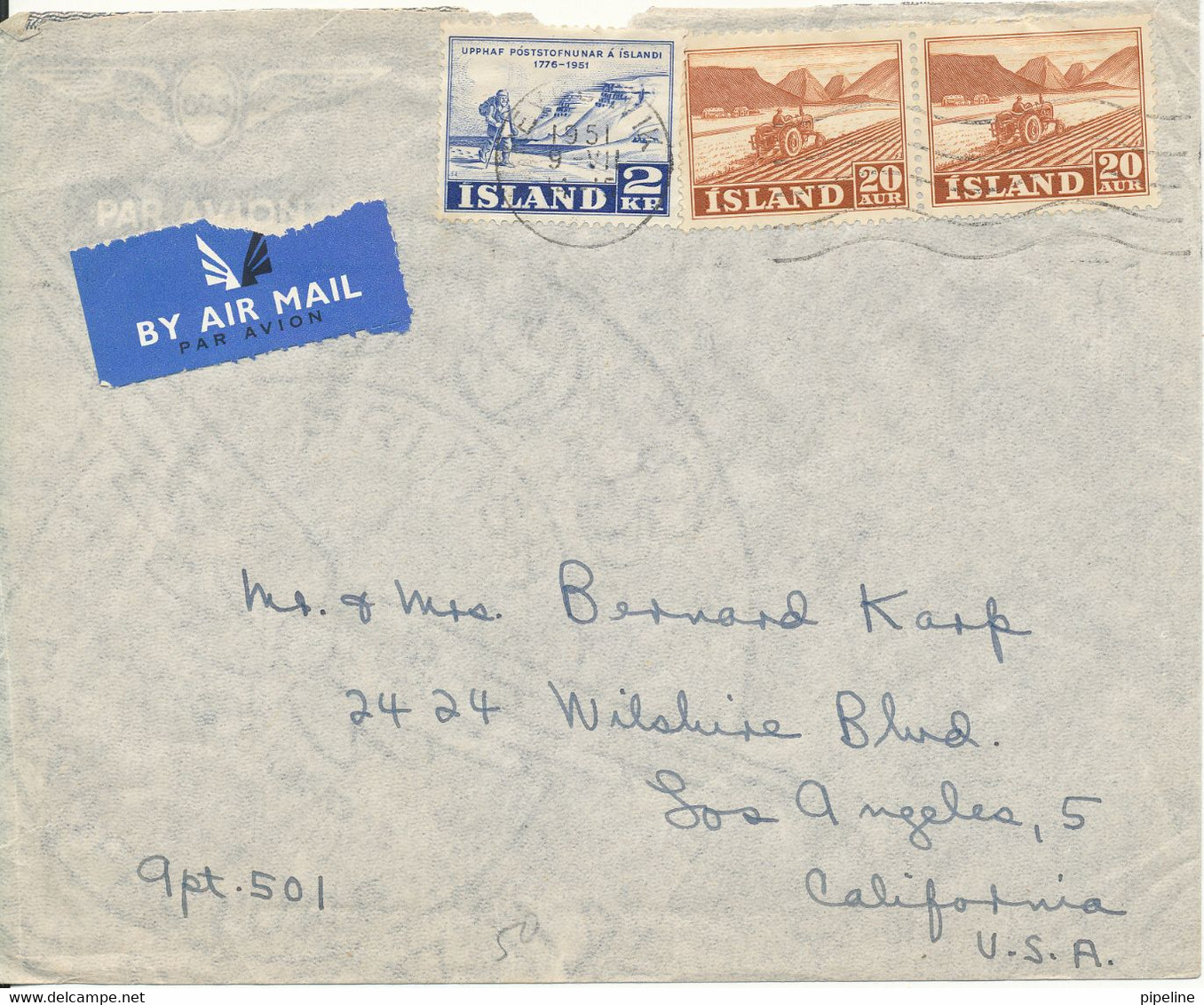 Iceland Cover Sent Air Mail To USA Reykjavik 9-7-1951 (the Cover Is Damaged At The Top On The Backside By Opening) - Briefe U. Dokumente