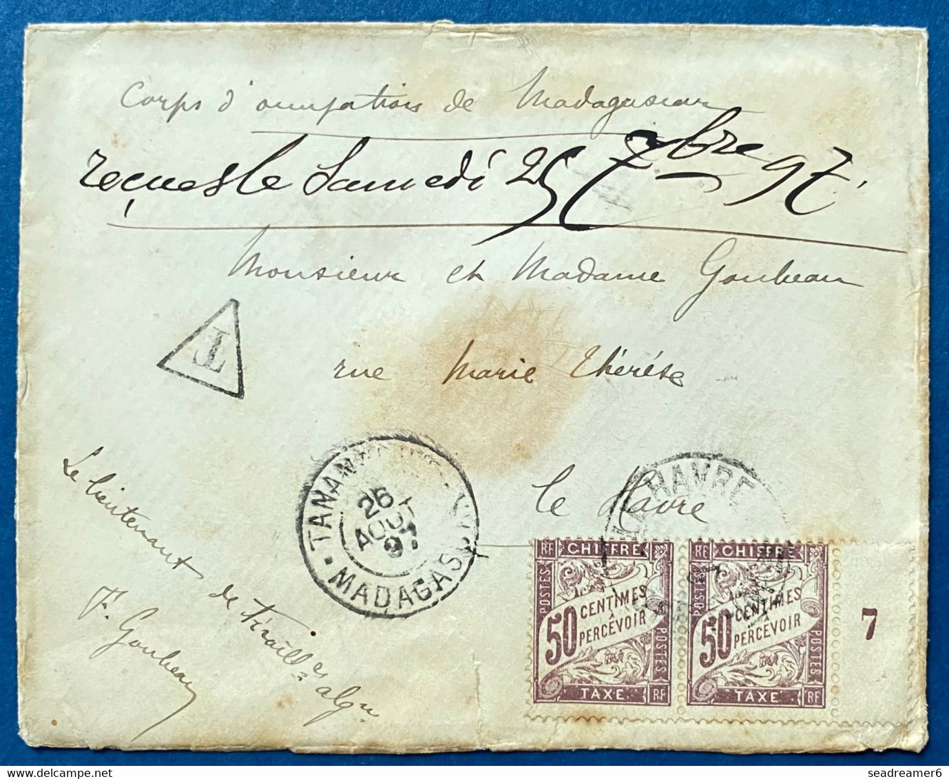 Lettre Dateur " TANANARIVE / MADAGASCAR " AOUT 1897 Franchise Pas Totalement Acceptée Et Taxée Pour Le HAVRE - Cartas & Documentos