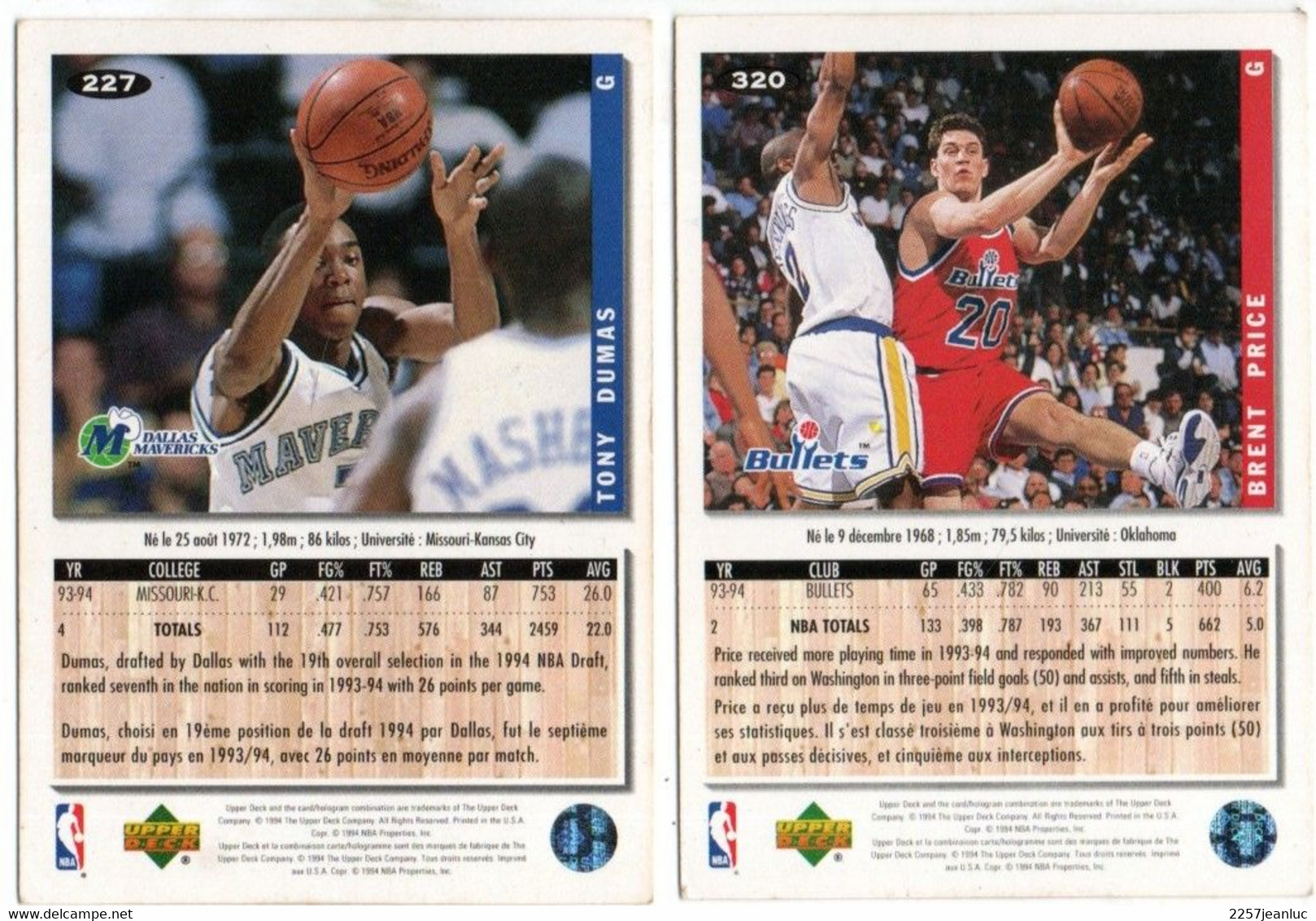 2 Cartes Pamini Club Basket Ball *  N; 227 Tony Dumas Macericks & 320 Brent Price Bullets .. - Basketball