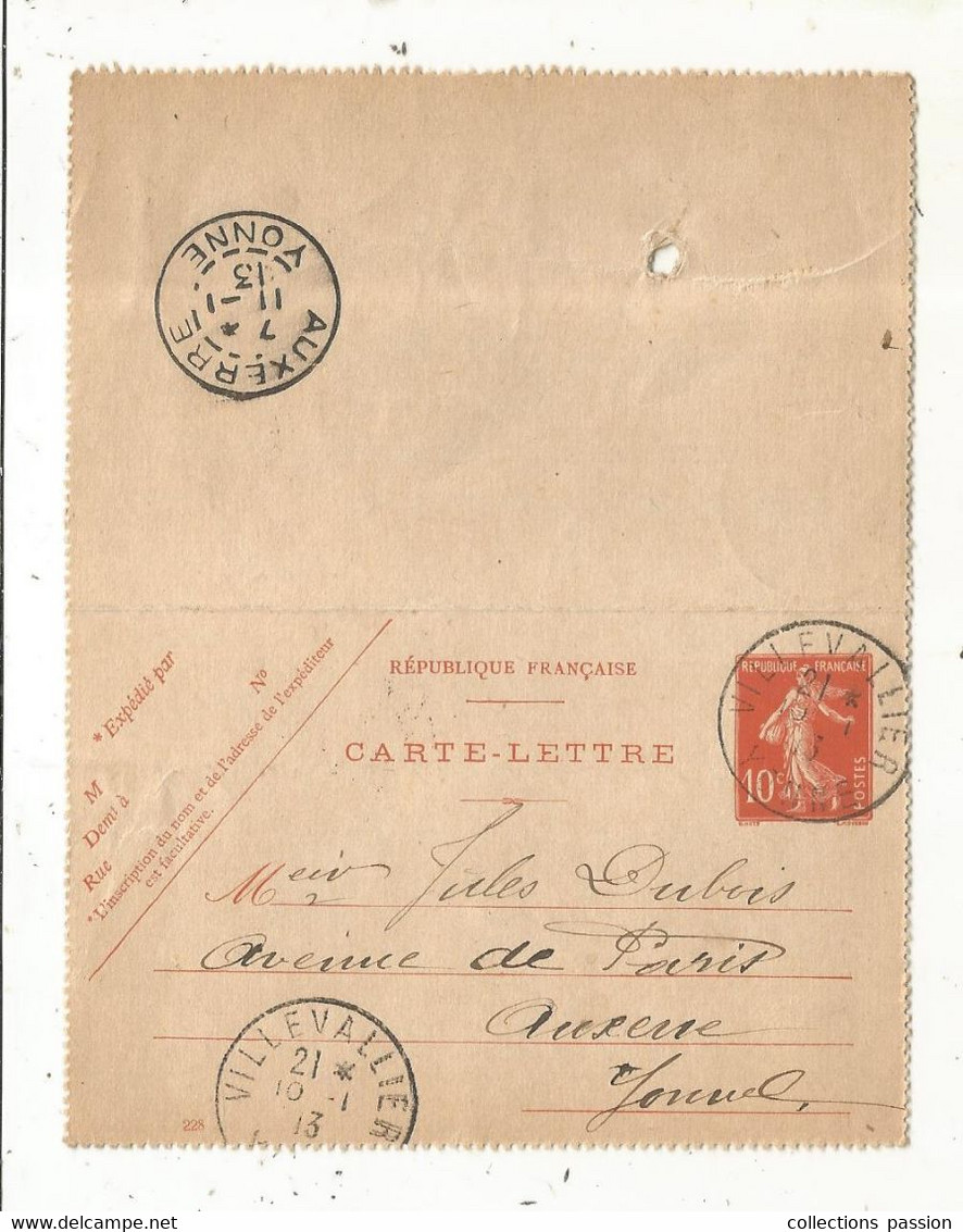 CARTE-LETTRE, Entier Postal, VILLEVALLIER , YONNE,  AUXERRE,  1913, 4 Scans - Cartoline-lettere