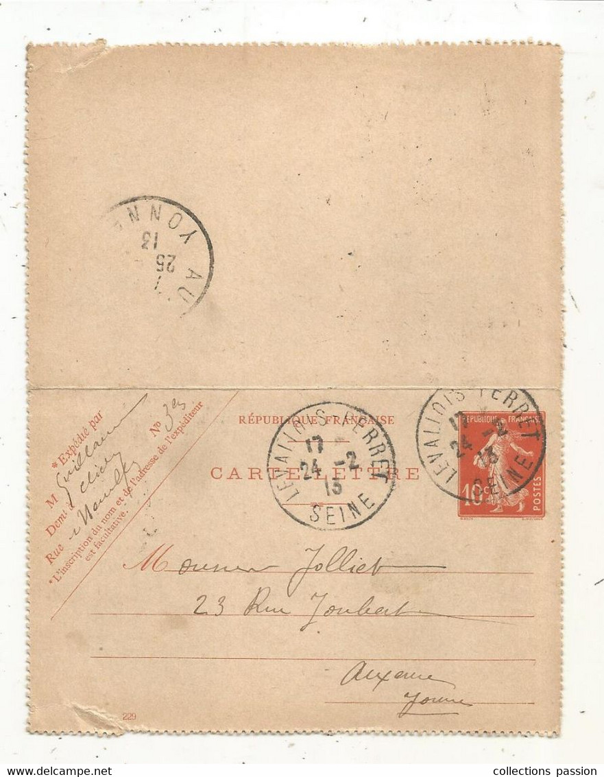 CARTE-LETTRE, Entier Postal, LEVALLOIS PERRET,  SEINE, Pour AUXERRE  1913, 2 Scans - Cartes-lettres