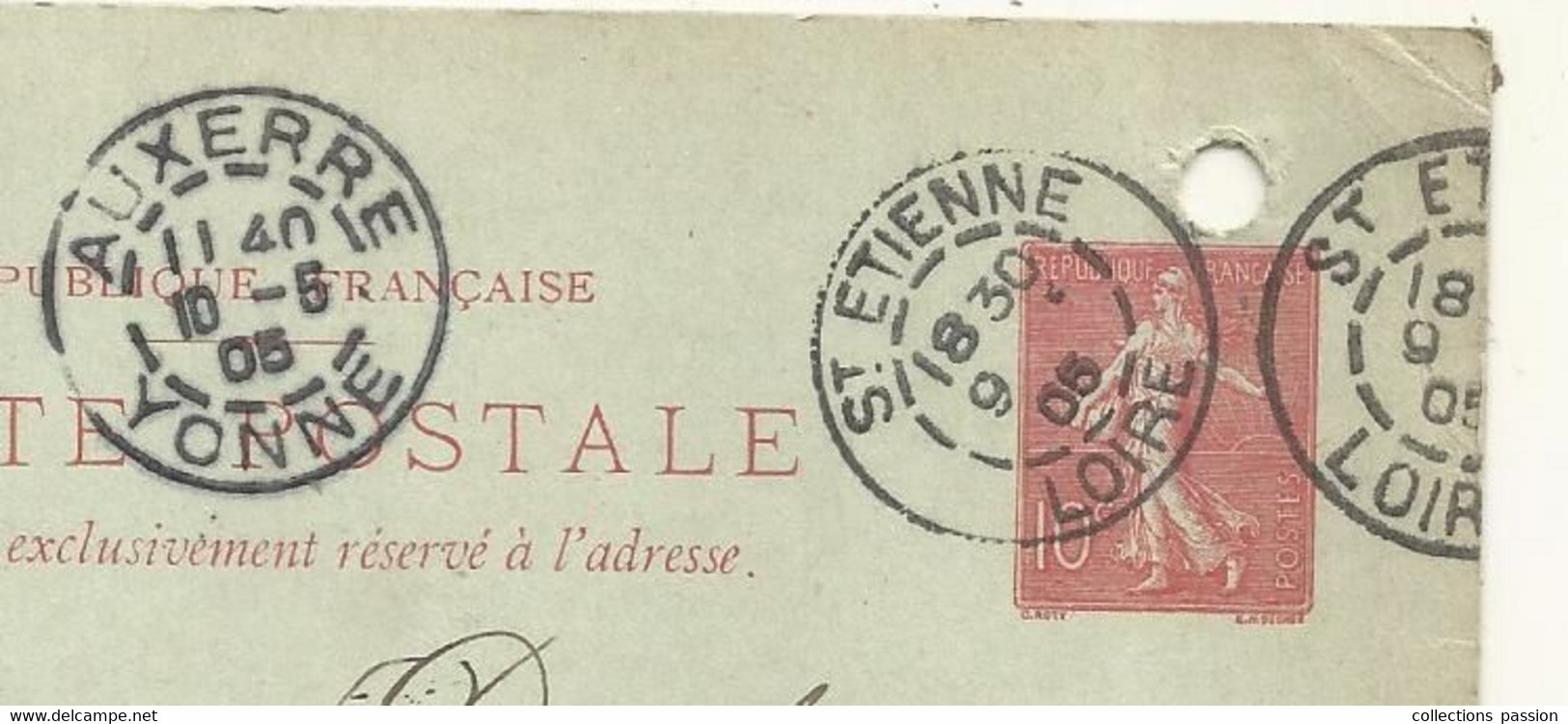 Entier Postal Sur Carte Postale, ST ETIENNE ,  LOIRE, AUXERRE ,  YONNE 1905,  2 Scans, Peuble & Rageys Fils - Cartes Postales Types Et TSC (avant 1995)