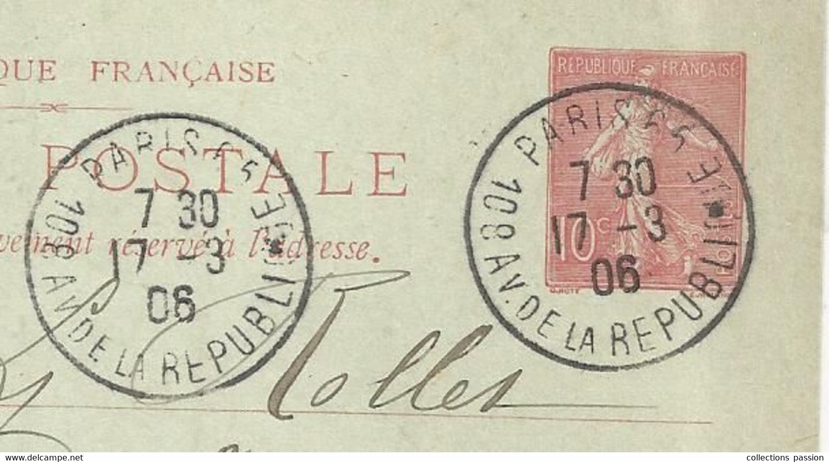 Entier Postal Sur Carte Postale, PARIS 65 - 108 AV. DE LA REPUBLIQUE, AUXERRE, YONNE 1906, 3 SCANS - Cartes Postales Types Et TSC (avant 1995)