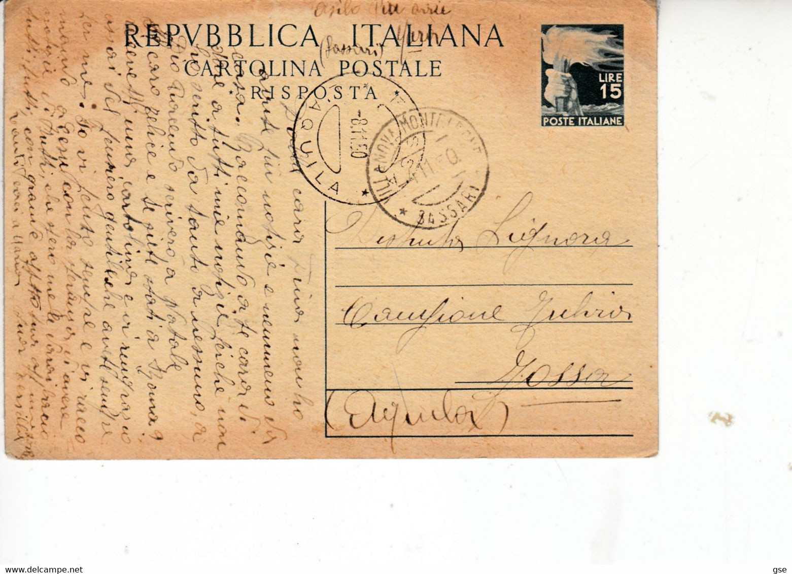 ITALIA  1950  - Cartolina Postale  Da  Sassari A Fossa (AQ) - Stamped Stationery