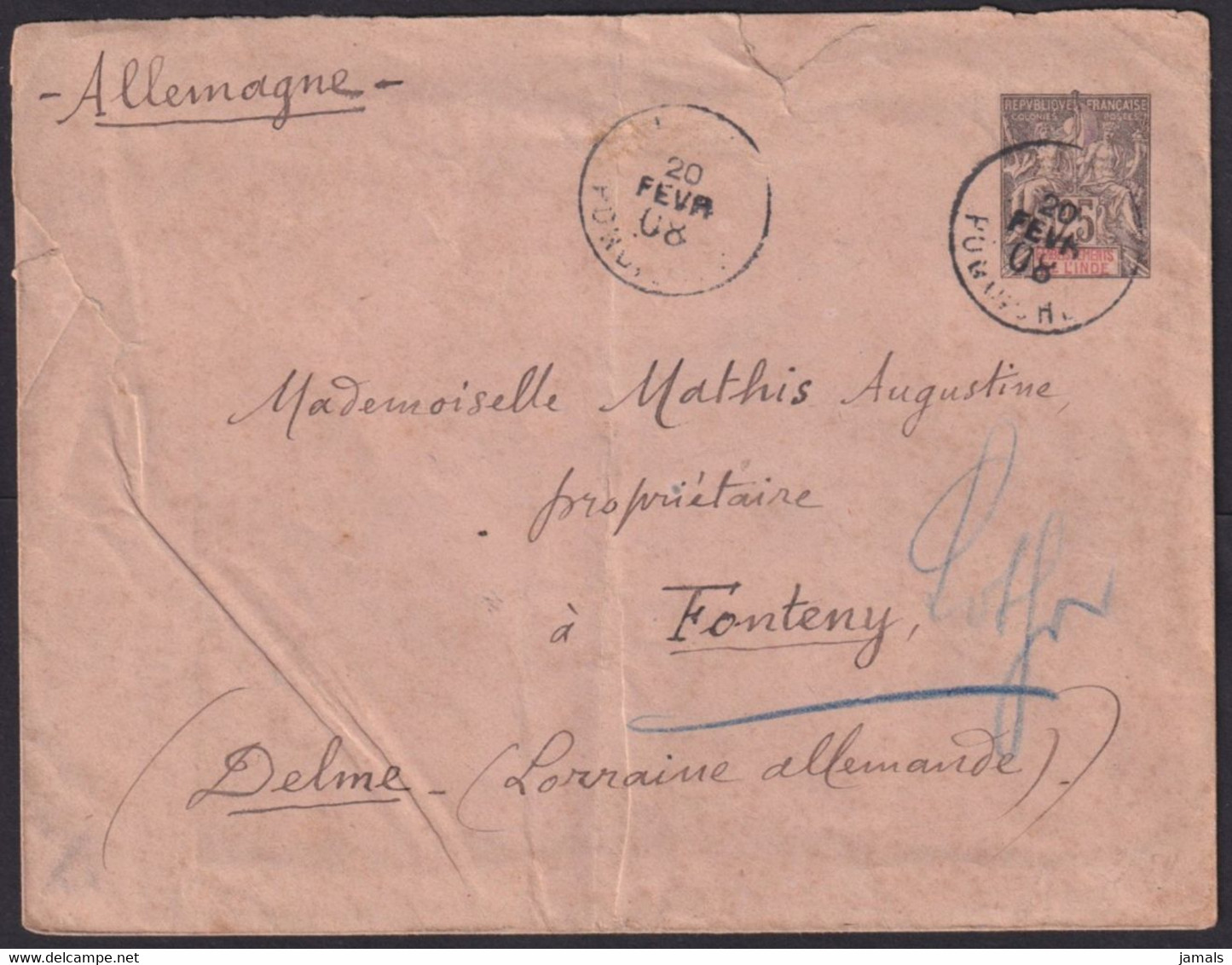 French India Postal Stationary Used In Pondichery, Sent To Germany - Lettres & Documents