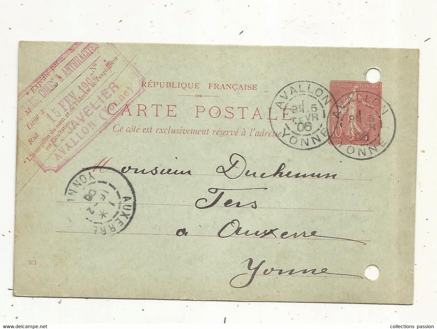 Entier Postal Sur Carte Postale, AVALLON,  AUXERRE  YONNE 1906, 3 SCANS - Cartes Postales Types Et TSC (avant 1995)