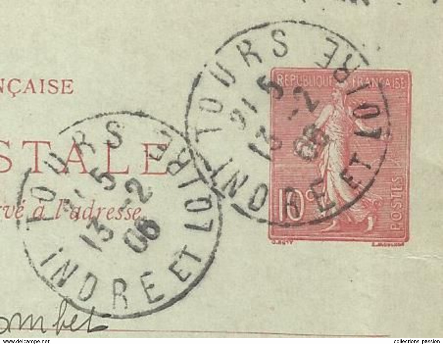 Entier Postal Sur Carte Postale, TOURS, INDRE ET LOIRE Pour CHATELLERAULT 1906, 2 SCANS - Cartes Postales Types Et TSC (avant 1995)