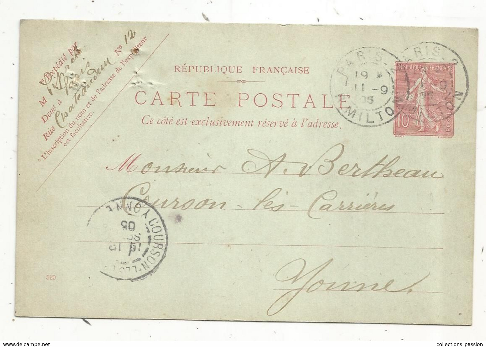 Entier Postal Sur Carte Postale, PARIS 2 R. MILTON,  COURSON LES CARRIERES,YONNE 1905. 3 SCANS - Standard Postcards & Stamped On Demand (before 1995)