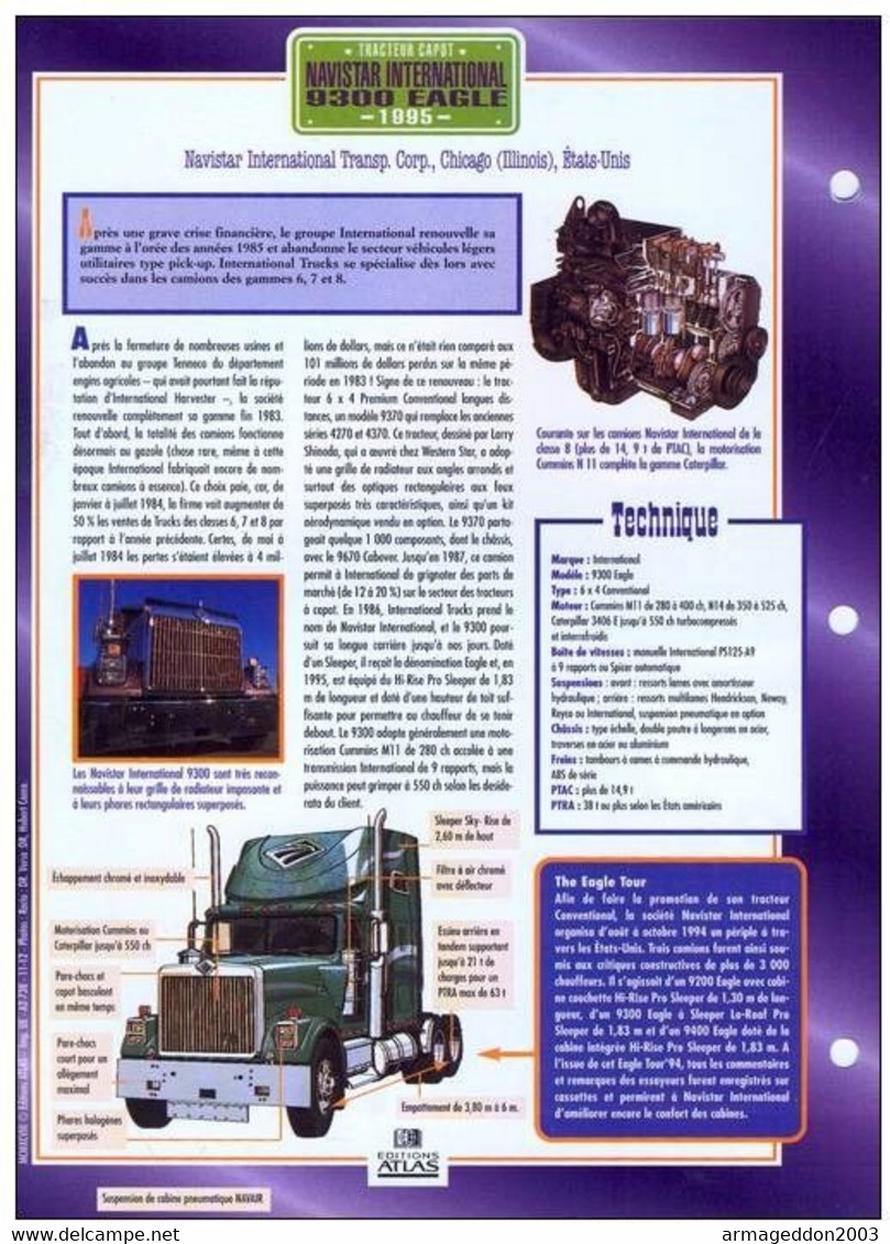 C2/ FICHE CARTONNE CAMION SERIE TRACTEUR CAPOT NAVISTART INTERNATIONAL 9300 EAGLE 1995 - Trucks