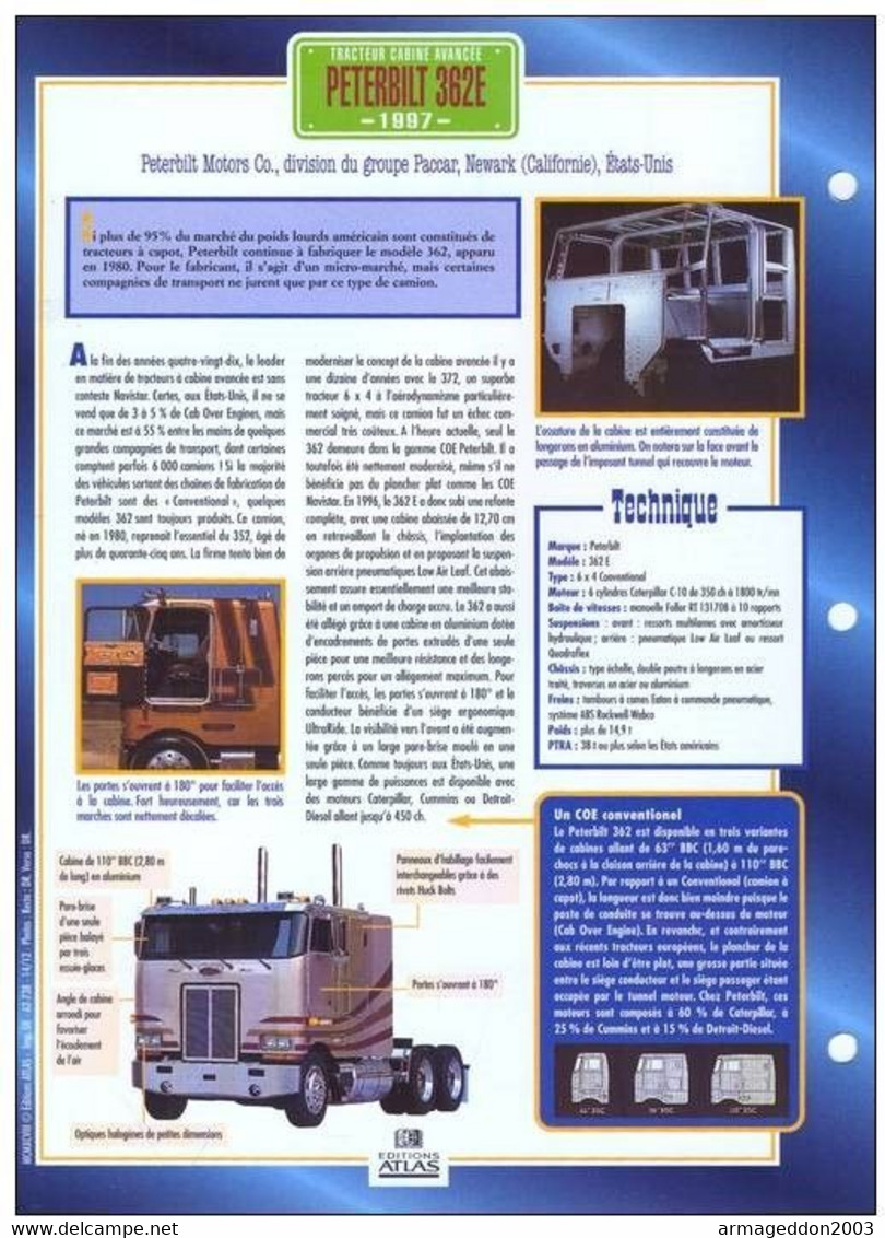 C2/ FICHE CARTONNE CAMION SERIE TRACTEUR CABINE US 1997 PETERBILT 362E - LKW