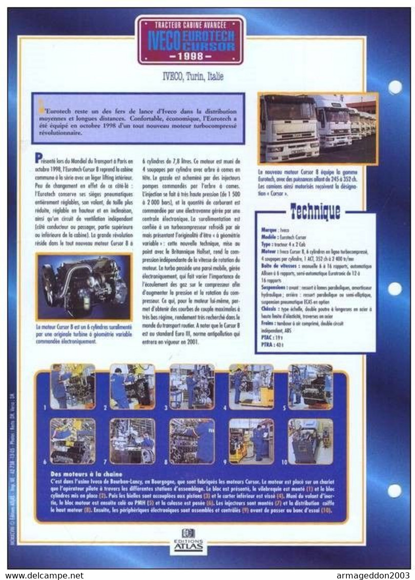 C2/ FICHE CARTONNE CAMION SERIE TRACTEUR CABINE ITALIE 1998 IVECO EUROTECH CURSO - Trucks