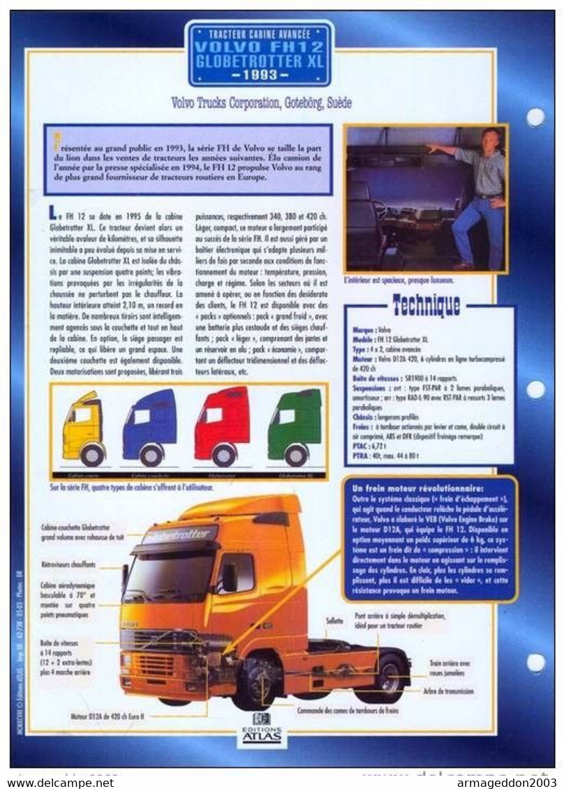 C2/ FICHE CARTONNE CAMION SERIE TRACTEUR CABINE SUEDE 1993 VOLVO FH12 GLOBETROTT - Camion