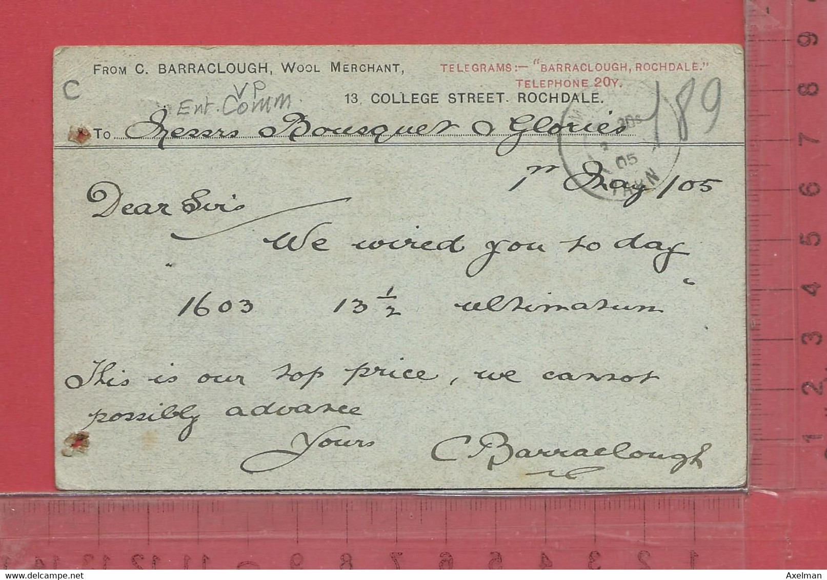 CARTE COMMERCIALE : Entre Ets Barraclough à Rochdale Et Bousquet & Glories à Mazamet ( Commerce De Laine ) - Royaume-Uni