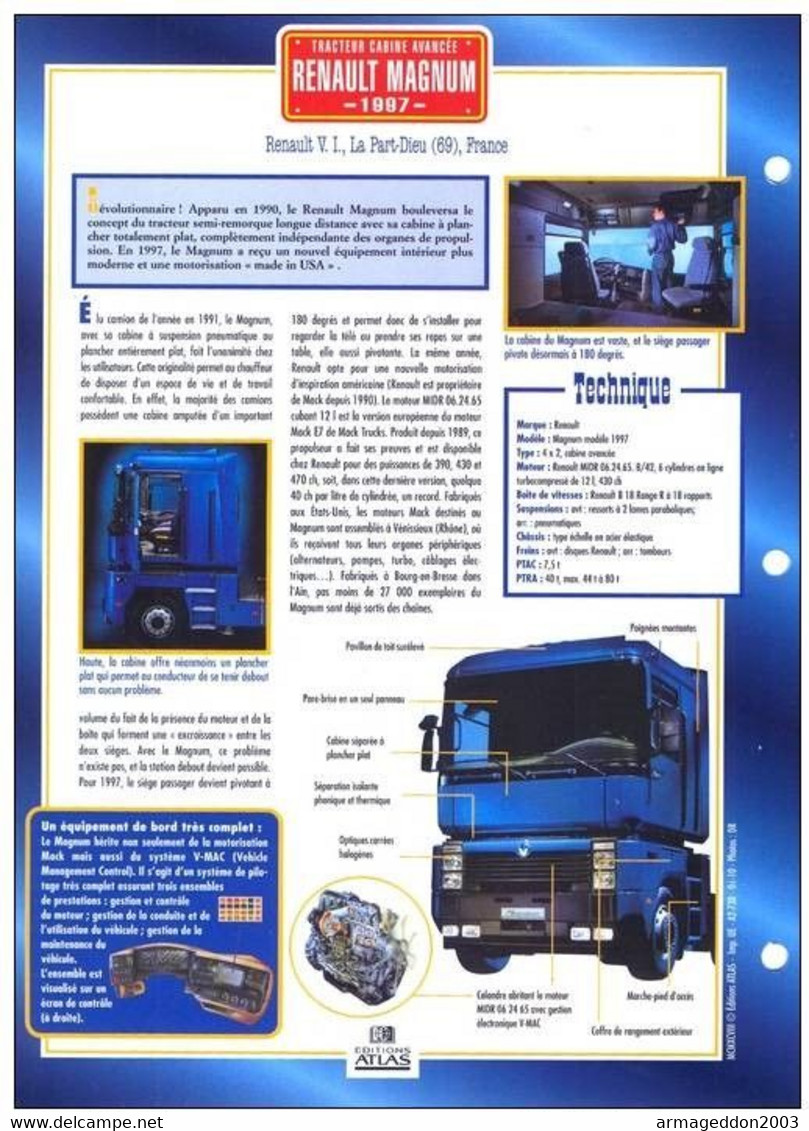 C2/ FICHE CARTONNE CAMION SERIE TRACTEUR CABINE France 1997 RENAULT MAGNUM - Trucks