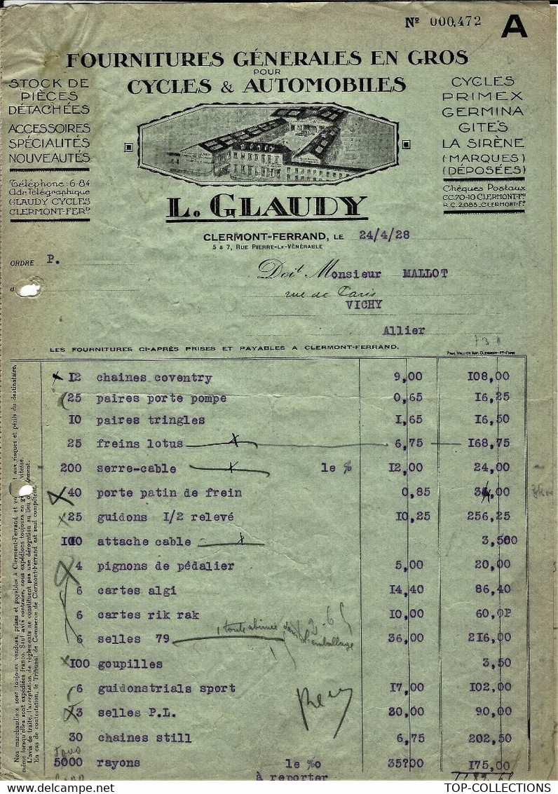 1928 ENTETE L.GLAUDY CYCLES ET AUTOMOBILES FOURNITURES PIECES DETACHEES Clermont Ferrand  Puy De Dome => Vichy - 1900 – 1949