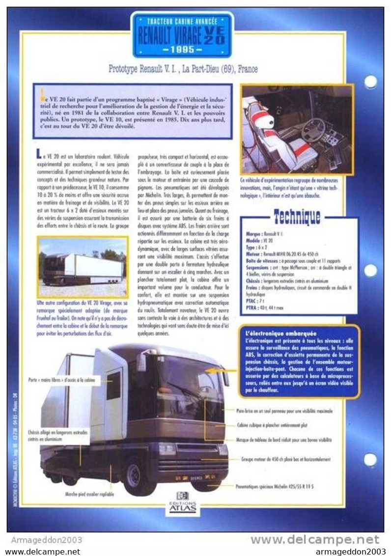 C2/ FICHE CARTONNE CAMION SERIE TRACTEUR CABINE France 1995 RENAULT VIRAGE VE20 - Trucks
