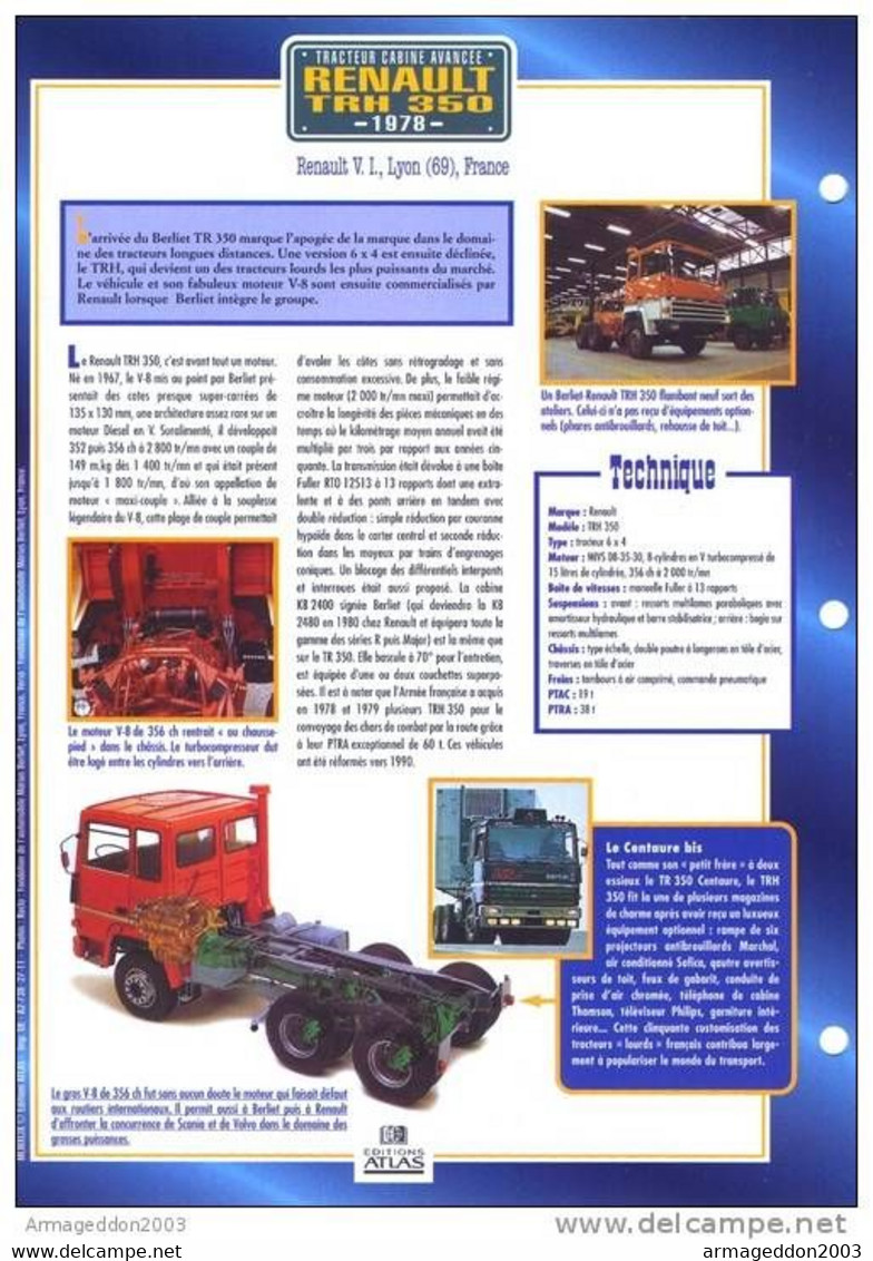 C2/ FICHE CARTONNE CAMION SERIE TRACTEUR CABINE France 1978 RENAULT TRH 350 - Camions