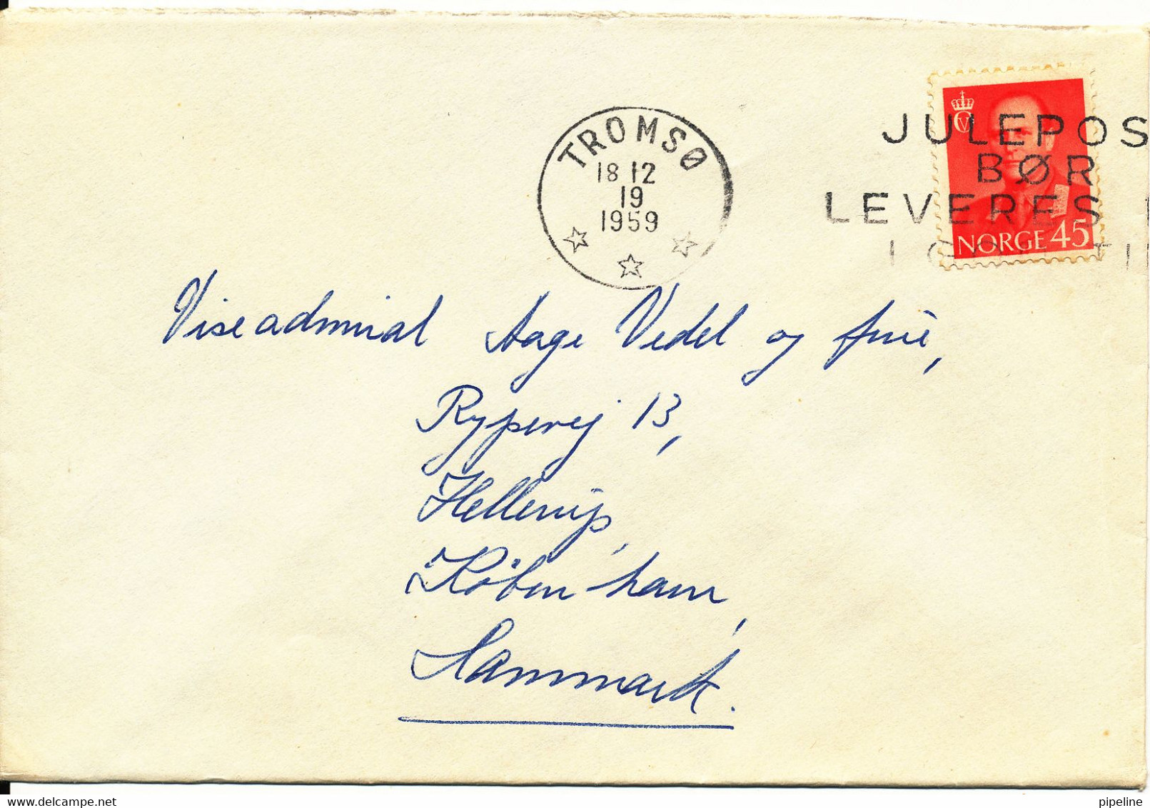 Norway Cover Sent To Denmark Tromsö 18-12-1959 Single Franked - Covers & Documents