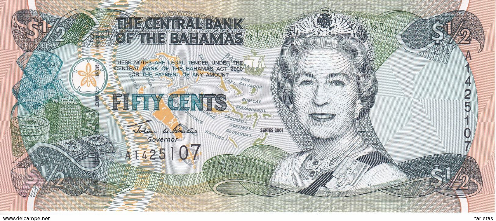 BILLETE DE BAHAMAS DE 1/2 DOLLAR DEL AÑO 2001  (BANKNOTE) SIN CIRCULAR (UNC) - Bahama's