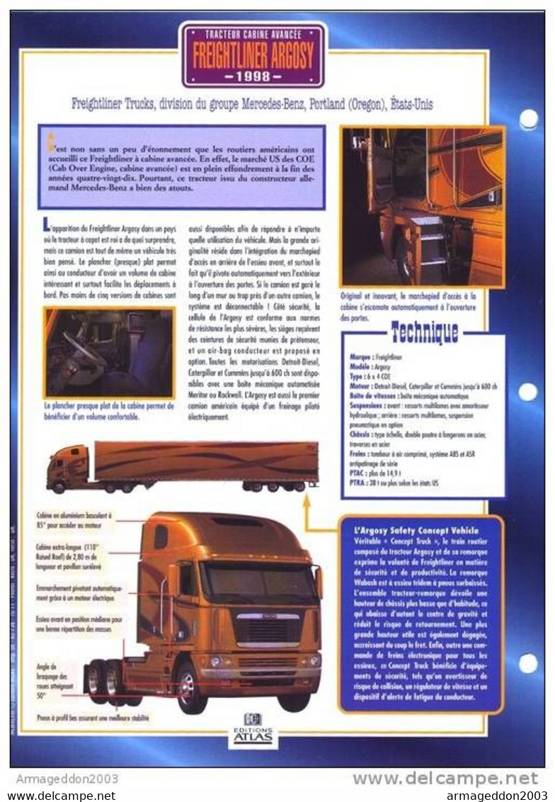 C2/ FICHE CARTONNE CAMION SERIE TRACTEUR CABINE US 1998 FREIGHLINER ARGOSY - Trucks