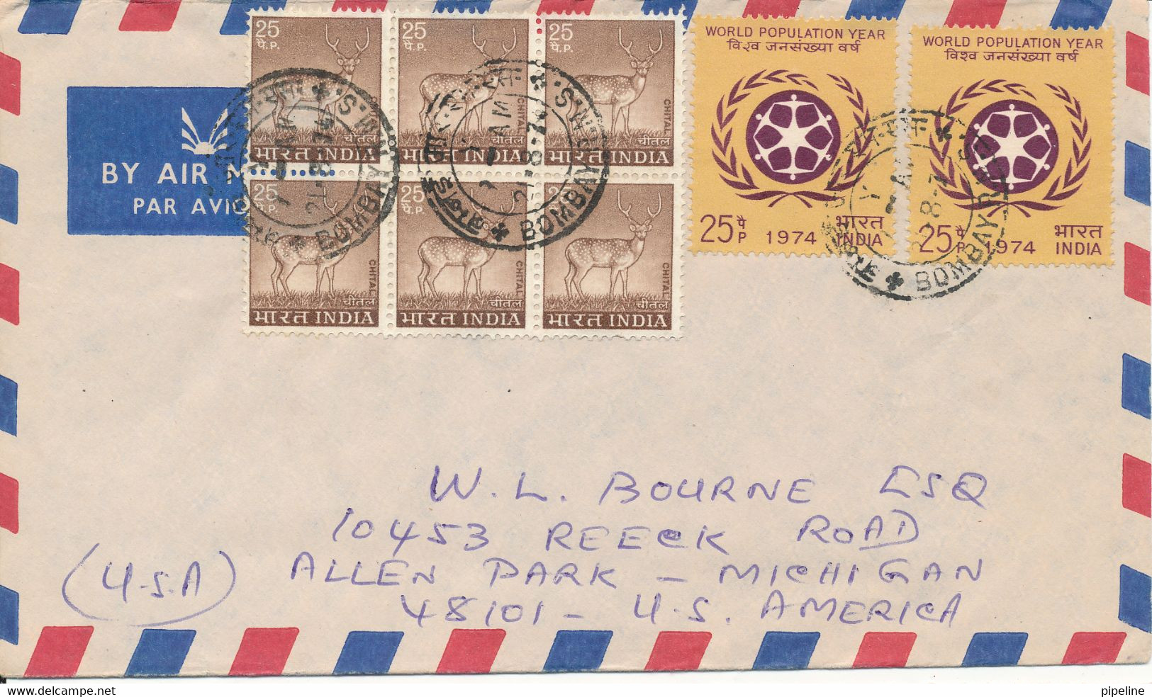 India Air Mail Cover Sent To USA 21-8-1974 Topic Stamps - Poste Aérienne