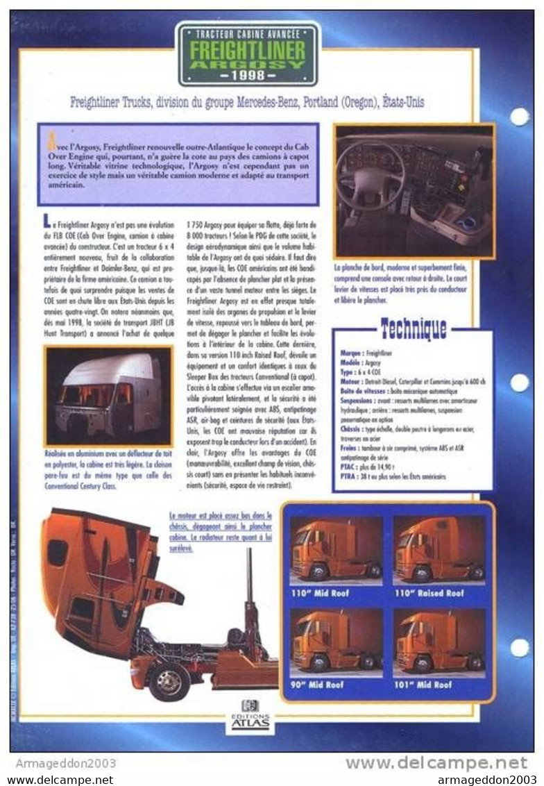 C2/ FICHE CARTONNE CAMION SERIE TRACTEUR CABINE US 1998 FREIGHLINER ARGOSY - Vrachtwagens