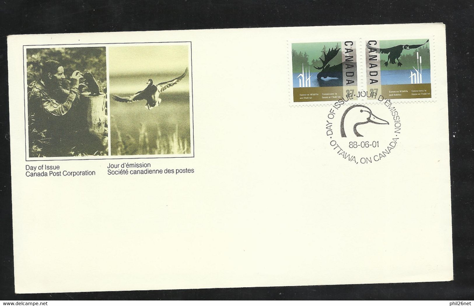 Canada  Lettre Premier Jour FDC Ottawa Le 01/08/1988 Paire N°1046/47 Canard  Et Orignal   B/TB Voir Scan Soldé !! - 1981-1990