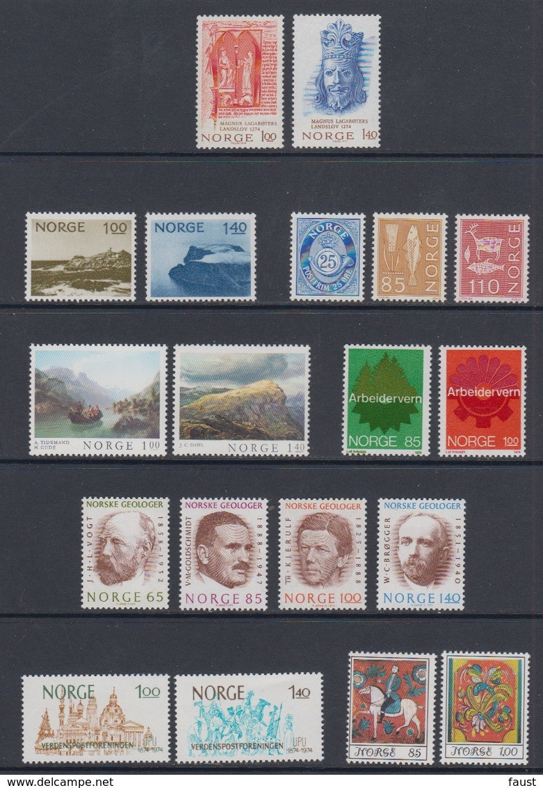 1974 ** Norway (sans Charn., MNH, Postfrish) Complete Yv 632/50  Mi 676/94  NHK 724/42  (19v) - Ganze Jahrgänge