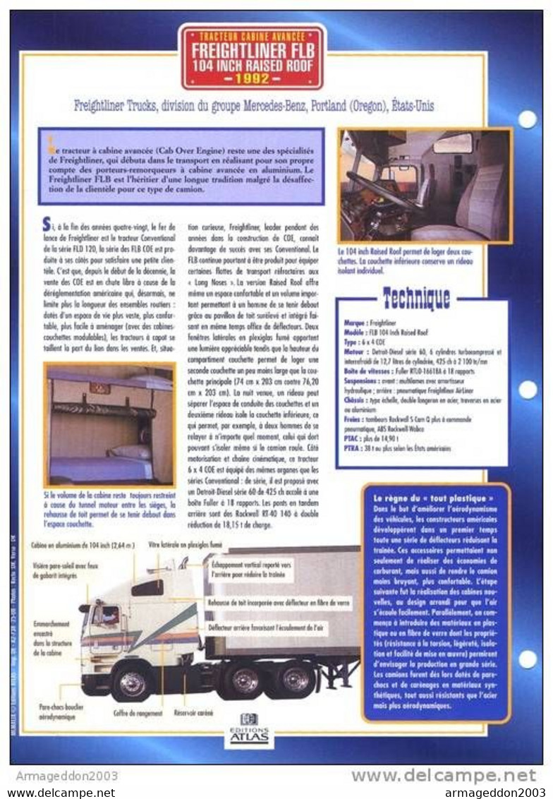 C2/ FICHE CARTONNE CAMION SERIE TRACTEUR CABINE US 1992 FREIGHLINER FLB - LKW
