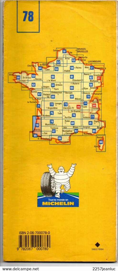 Carte N: 78  - Bordeaux - Dax -  Biarritz  -  Pub  Pneus   Michelin Au Dos  Carte Au  200000 ème  De 1993 / 1994 - Maps/Atlas