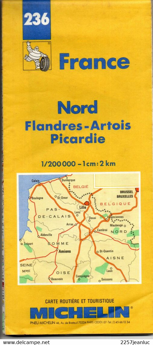 Carte N: 236  - Nord - Frandres Artois Picardie  -  Pub  Pneus   Michelin Au Dos  Carte Au  200000 ème  De 1993 / 1994 - Maps/Atlas