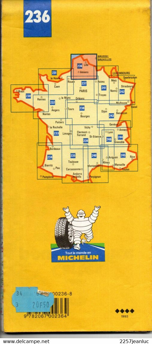 Carte N: 236  - Nord - Frandres Artois Picardie  -  Pub  Pneus   Michelin Au Dos  Carte Au  200000 ème  De 1993 / 1994 - Maps/Atlas