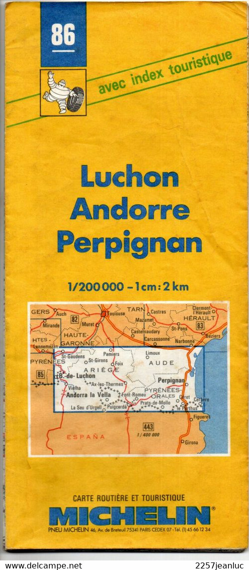 Carte N: 86  - Luchon- Andorre  -  Perpignan -  Pub  Pneus   Michelin Au Dos  Carte Au  200000 ème  De 1989 / 1990 - Maps/Atlas