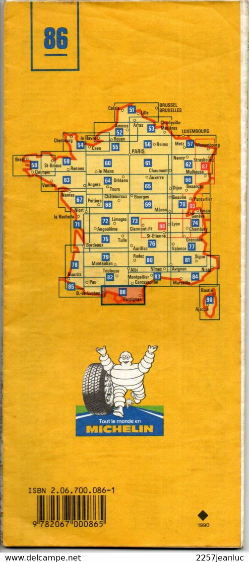 Carte N: 86  - Luchon- Andorre  -  Perpignan -  Pub  Pneus   Michelin Au Dos  Carte Au  200000 ème  De 1989 / 1990 - Maps/Atlas