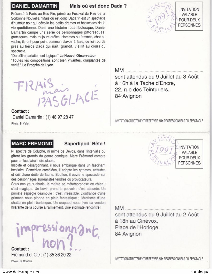 84 - FESTIVAL 1991  -   Souvenirs D'Avignon 91 - Tome 2 - Complet.-  10 Invitations Pour 2 Personnes - Teatro & Disfraces