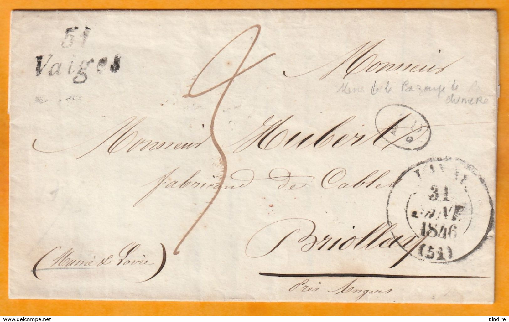 1846 - Cursive 51 VAIGES, Mayenne Sur LAC De La Bazouge De Chéméré Vers BRIOLLAY Près Angers Maine Et Loire - 1801-1848: Précurseurs XIX