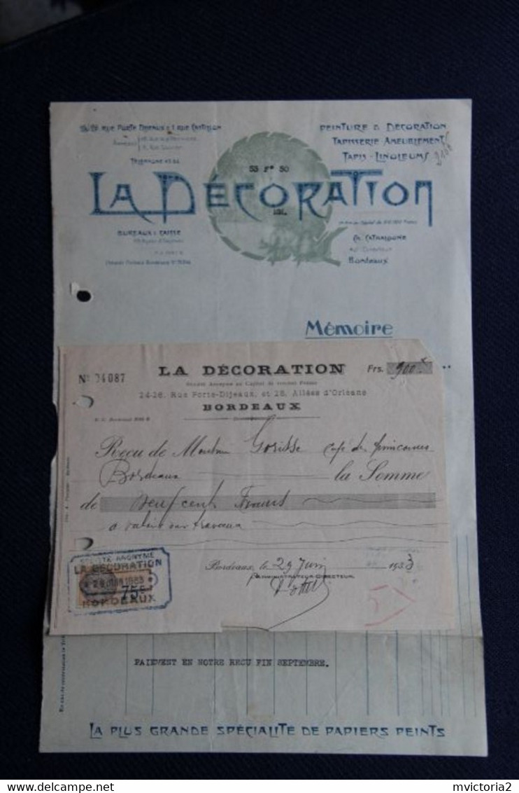 Facture Ancienne  : BORDEAUX ," La DECORATION ", Avec Reçu . Décoration, Peinture, Tapis.... - 1900 – 1949