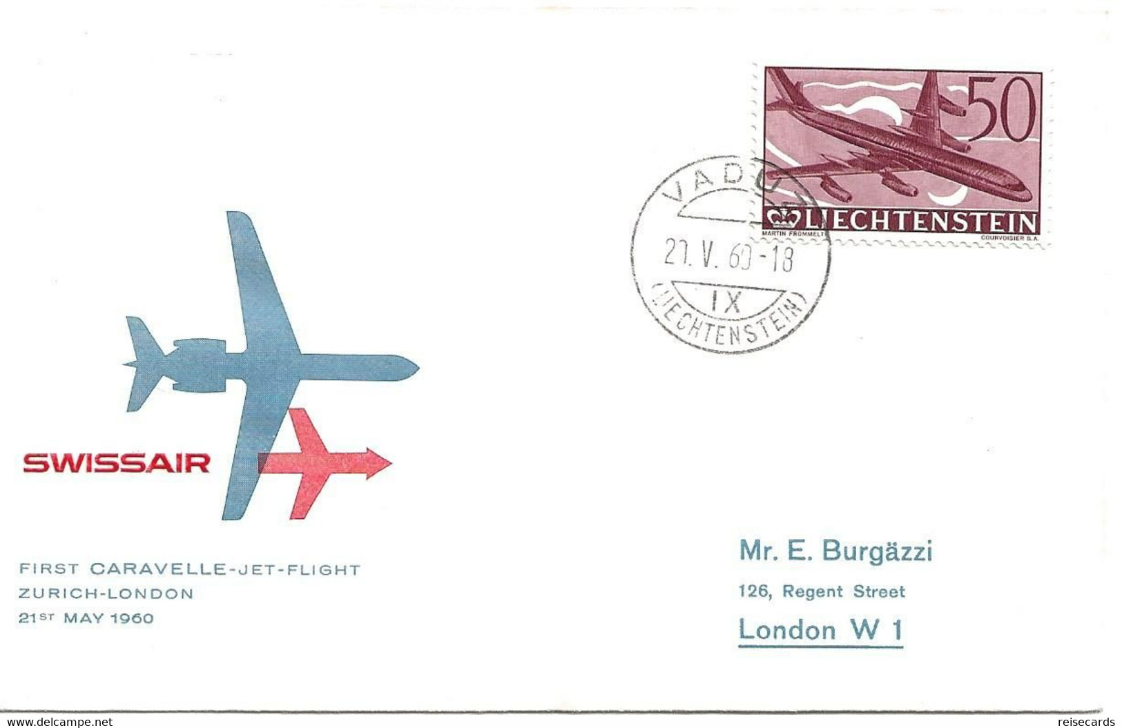 Liechtenstein: 1960 Swissair Air Mail Brief Zürich - London - Covers & Documents