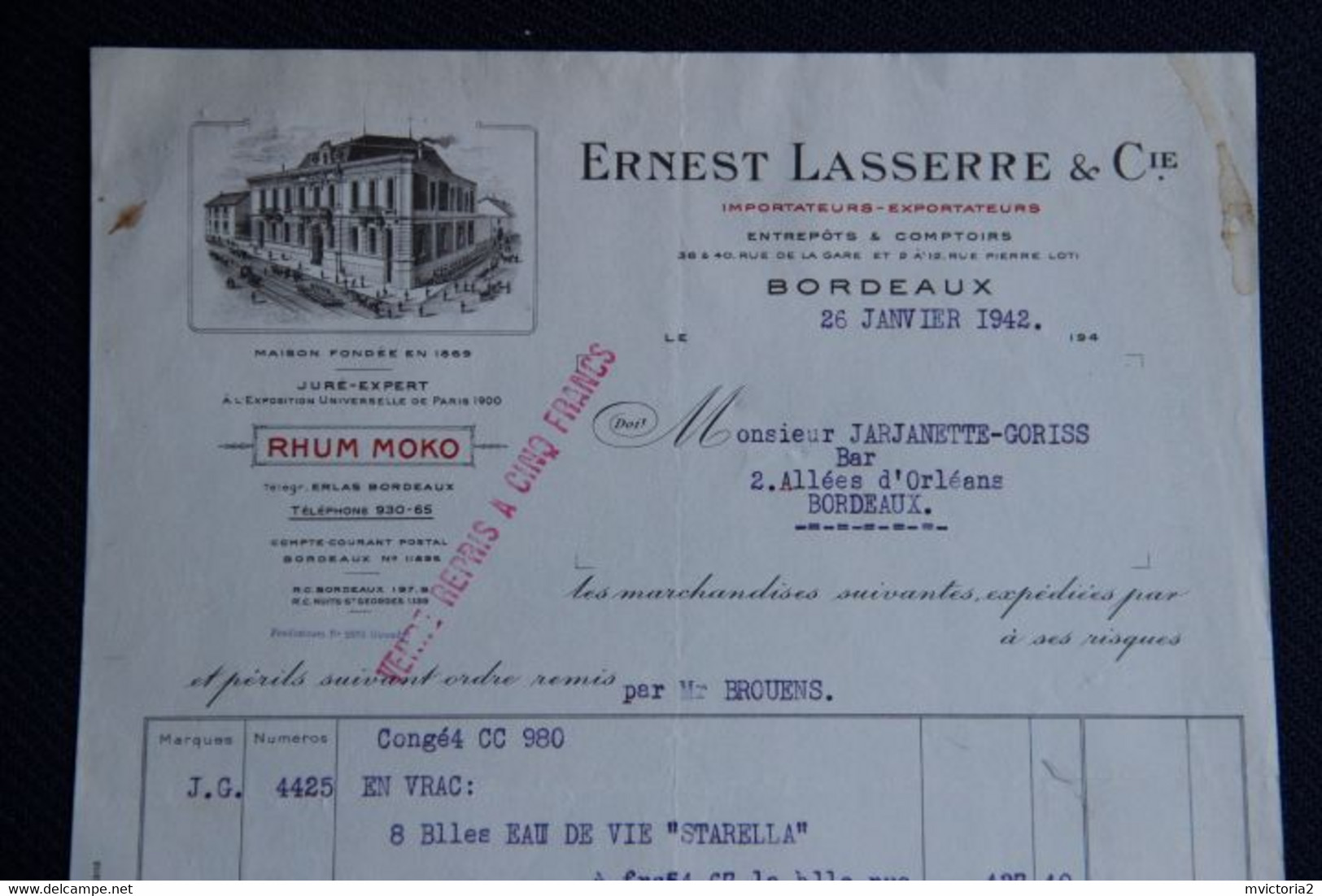 Facture Ancienne  : BORDEAUX, Ernest LASSERRE, RHUM MOKO. - 1900 – 1949